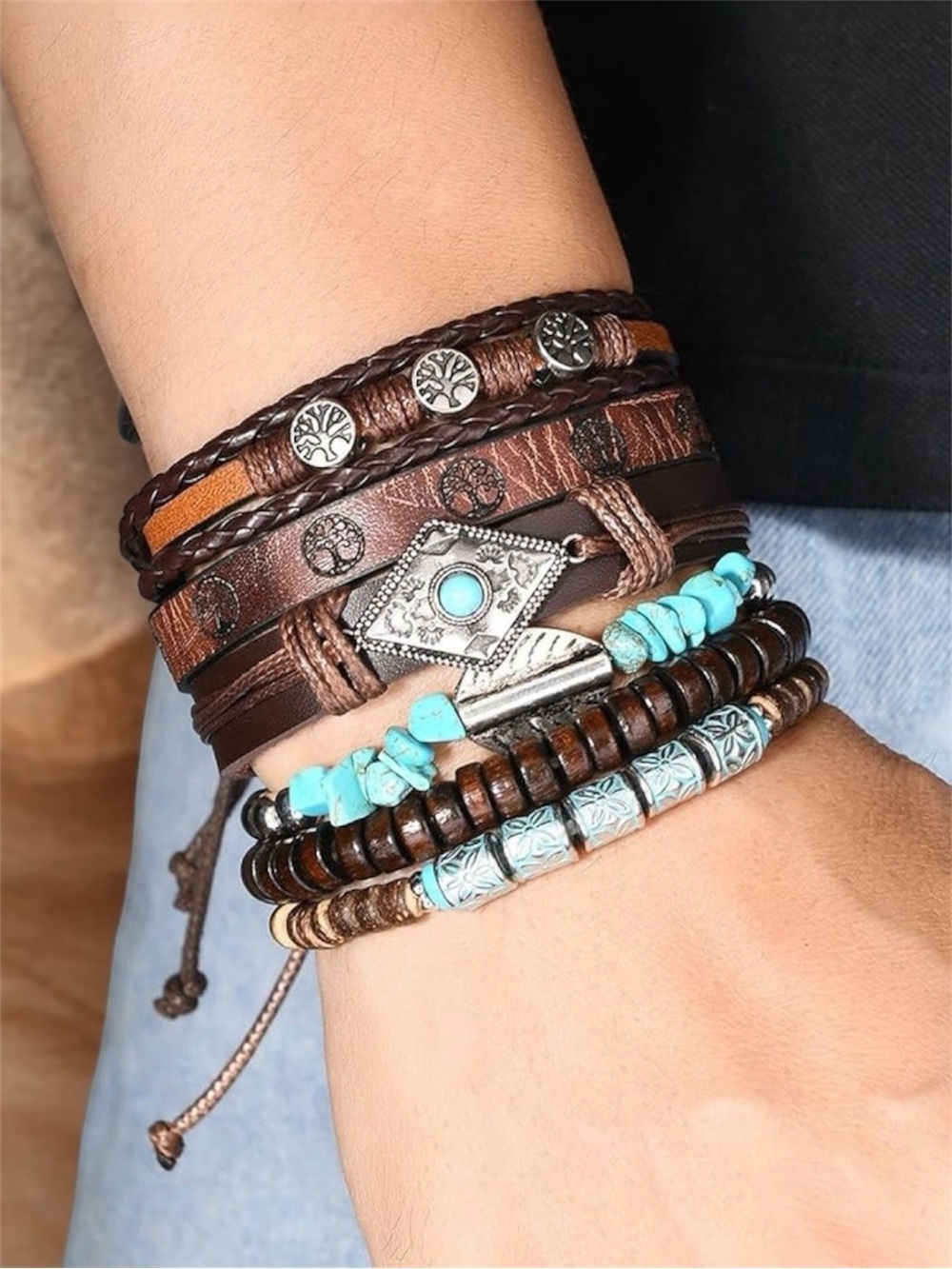 🌙✨6ps Boho Layered Brown Leather Bracelet Stack with Turquoise Accents - Picture 2 of 5